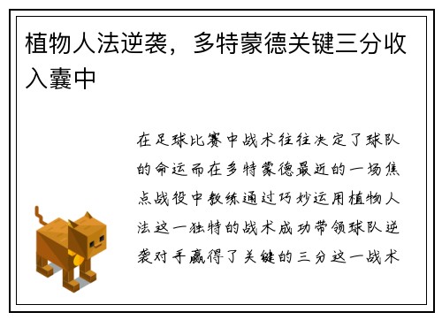 植物人法逆袭，多特蒙德关键三分收入囊中