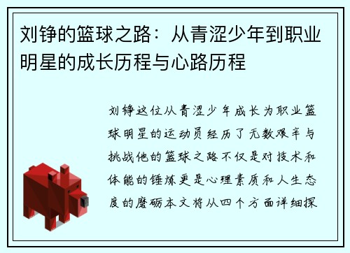 刘铮的篮球之路：从青涩少年到职业明星的成长历程与心路历程